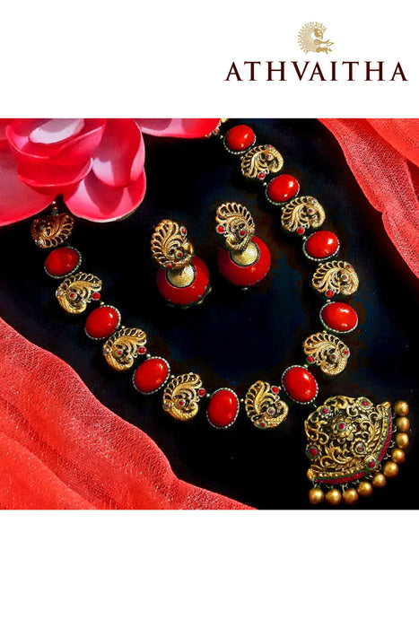 Terracotta Peacock Necklace & Earrings Set