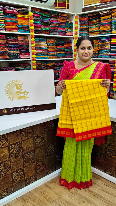 Rani Sungudi Premium Cotton Big Zari Checks-Yellow-Red