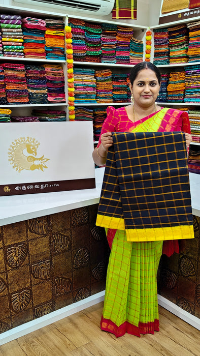 Rani Sungudi Premium Cotton Big Zari Checks- Black-Yellow