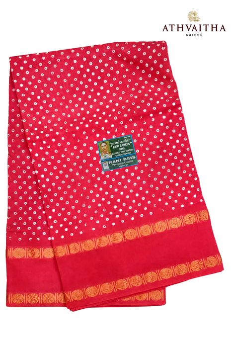 Madurai Rani Sungudi Pure Cotton With Doubleside Rudraksha Border -Polka Dot Self