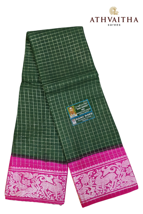 Rani RMS Sungudi Cotton Silver Zari Checks Bottle Green - RaniPink