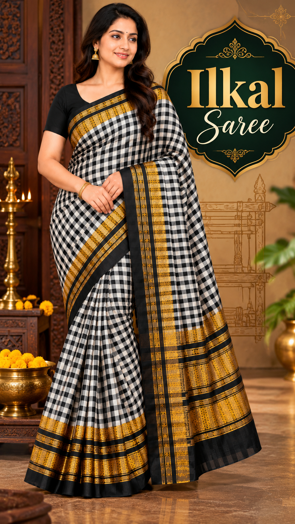 Traditional Ilkal Sarees with Golden Zari Border