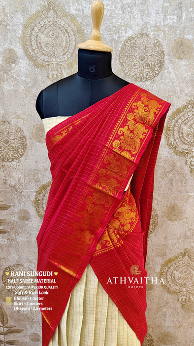 Rani Sungudi Half Saree Material Gold Zari - OffWhite-Red