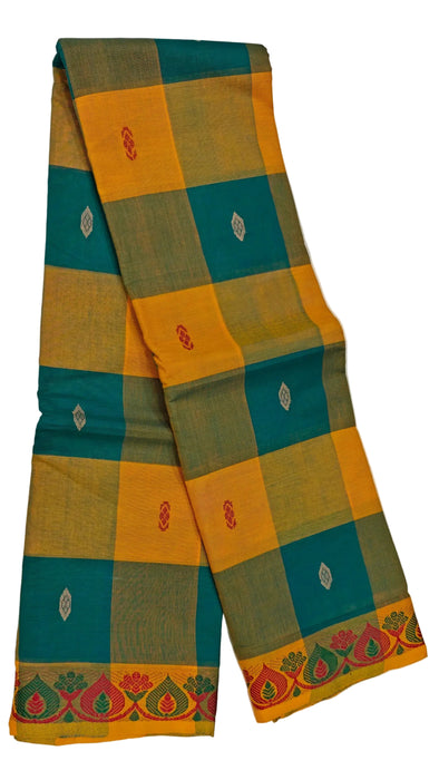 Chettinad Cotton Checked Saree – Ramagreen With Mustard Thread Border