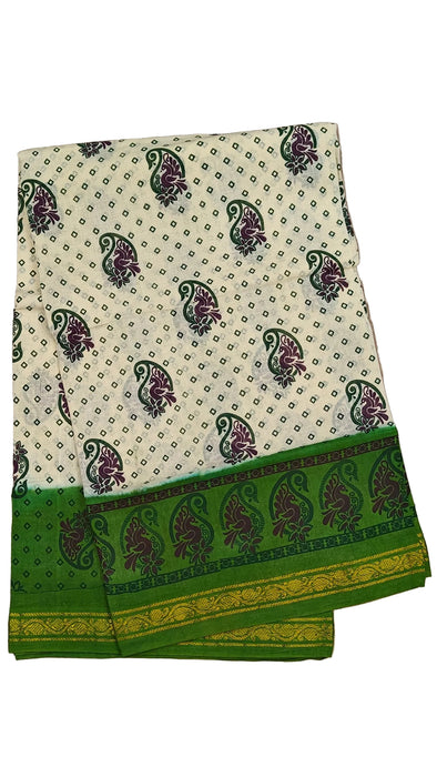 Rani Sungudi Cotton Sarees 1 Inch Double Side Border - Off White and Olive Green