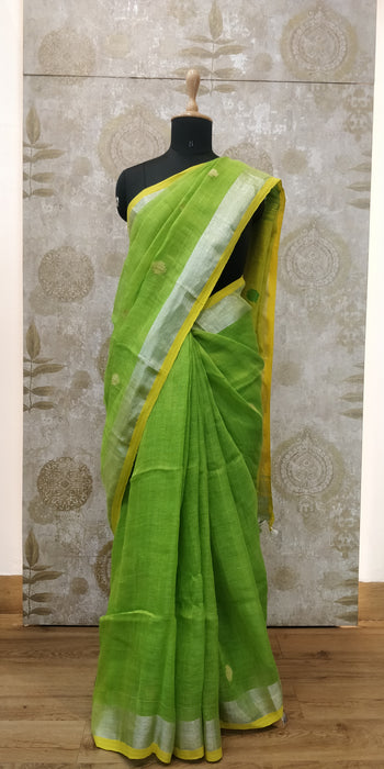 Handloom- Linen Ball Jamdani-100's - P.Green With L.Yellow