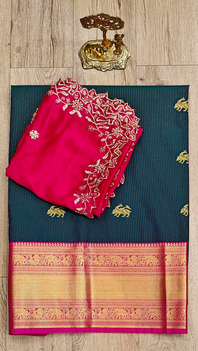 Semi Silk Half Saree Material - PeacockBlue With Pink