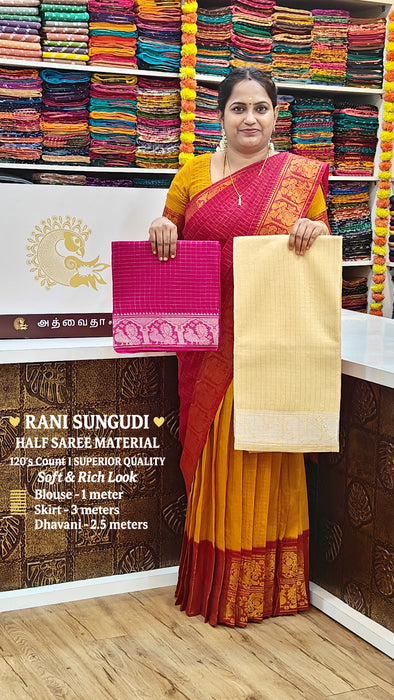 Rani Sungudi Half Saree Material Silver Zari-OffWhite-RaniPink