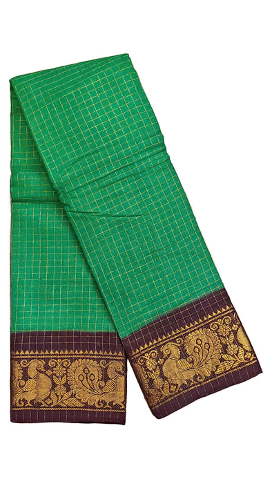 Rani Sungudi Cotton Zari Checks Contrast Double Side Boder -LeafGreen-Brown