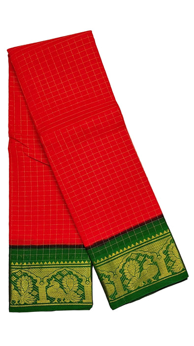 Rani Sungudi Cotton Zari Checks Contrast Double Side Boder - Red-OliveGreen