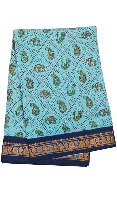 Rani Peacock and Elephant With Contrast Doubleside Zari Border-SkyBlue With DarkBlue