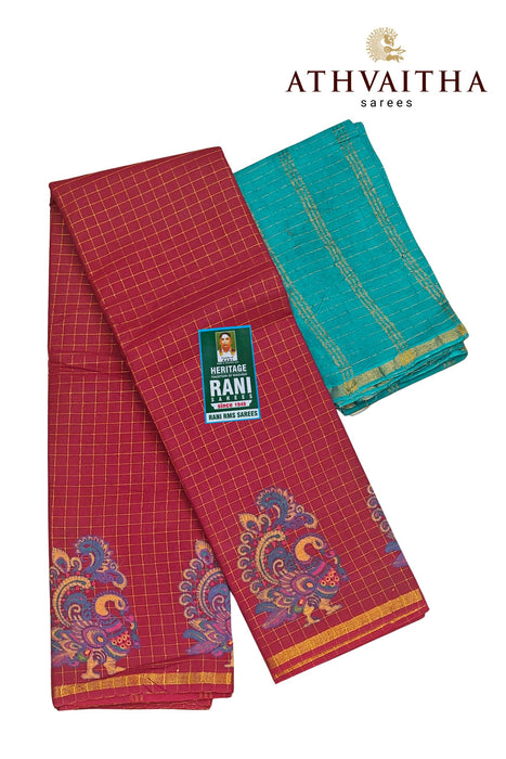 Rani Zari Checks With Kalamkari Design Contrast With Blouse