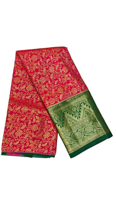 Pattu pavadai sattai Material and Langa blouse for kids and women-Rani Pink with Bottle Green