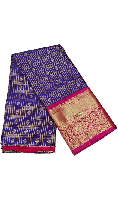 Pattu pavadai sattai Material and Langa blouse for kids and women-Peacock Blue with Rani Pink
