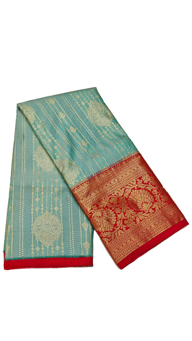 Pattu pavadai sattai Material and Langa blouse for kids and women-Sea Green with a Red