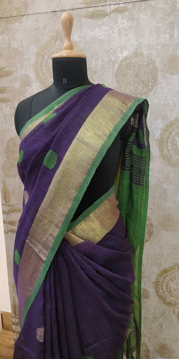 Handloom- Linen Ball Jamdani-100's - Violet With Green