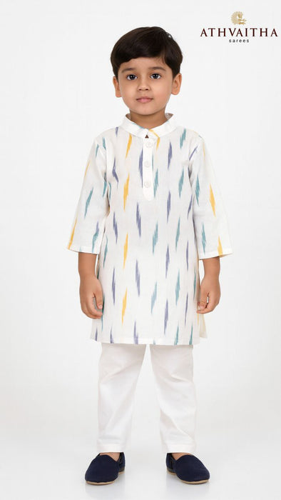 Boys Handloom Ikkat Cotton Kurta 1 to 5 Year – White Multicolor Print