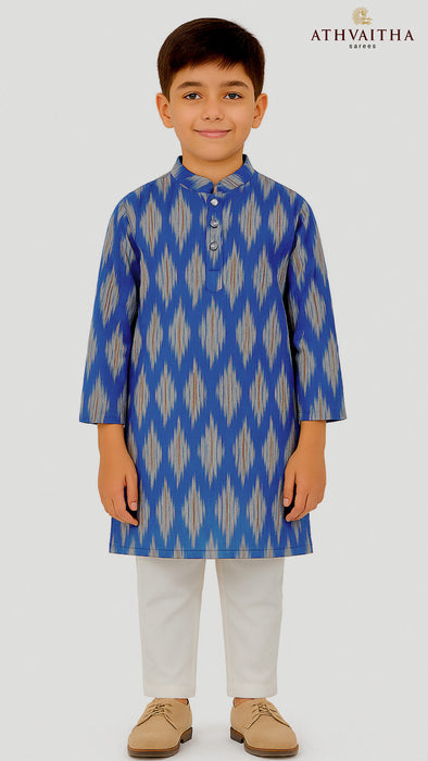 Boys Handloom Ikkat Cotton Kurta 2 Years – Blue Multicolour Print