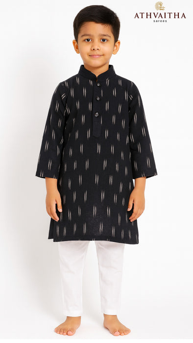 Boys Handloom Ikkat Cotton Kurta 1 Year – Black