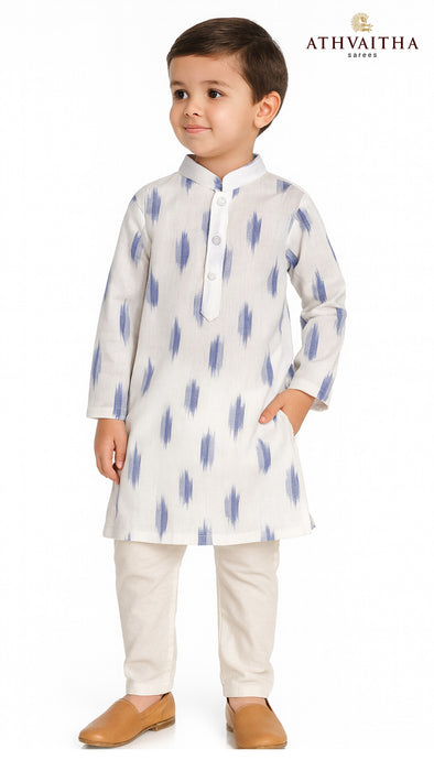 Boys Handloom Ikkat Cotton Kurta 1 Year – White