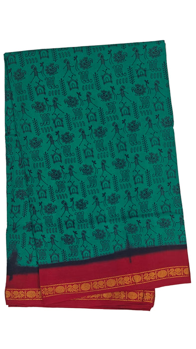 Rani Sungudi Cotton Sarees Double Side Zari Border WarliPrint-Green-Red