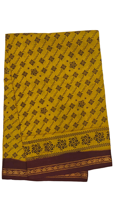 Rani Sungudi Cotton Sarees Double Side Zari Border Small Flower Print-Musturd-Maroon
