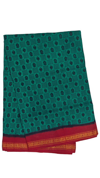 Rani Sungudi Cotton Sarees Double Side Zari Border Dot Flower - Green-Red