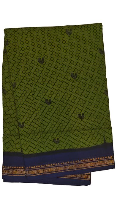 Rani Sungudi Cotton Sarees Double Side Zari Border Small mayil Print-OliveGreen-DarkBlue
