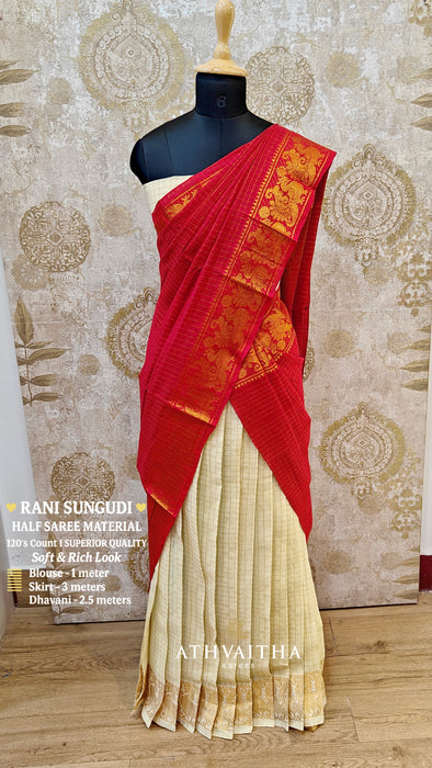 Rani Sungudi Half Saree Material Gold Zari - OffWhite-Red