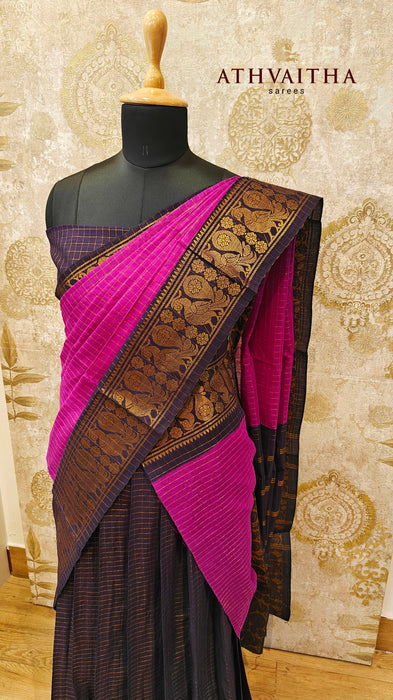 Cotton Half Saree Rani Material-Darkblue-Magenta