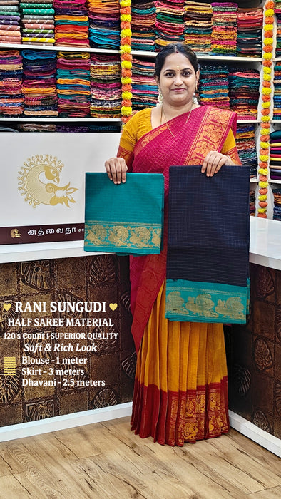 Rani Sungudi Half Saree Material Gold Zari - DarkBlue-RamaGreen
