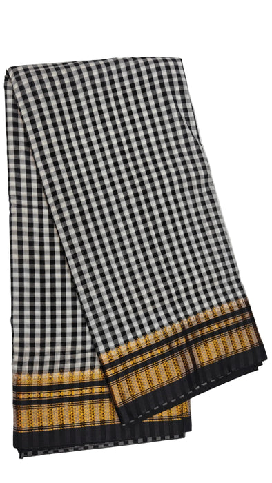 Timeless Ilkal Tradition, Woven with Zari Elegance - Black and White Checks with a Golden Zari