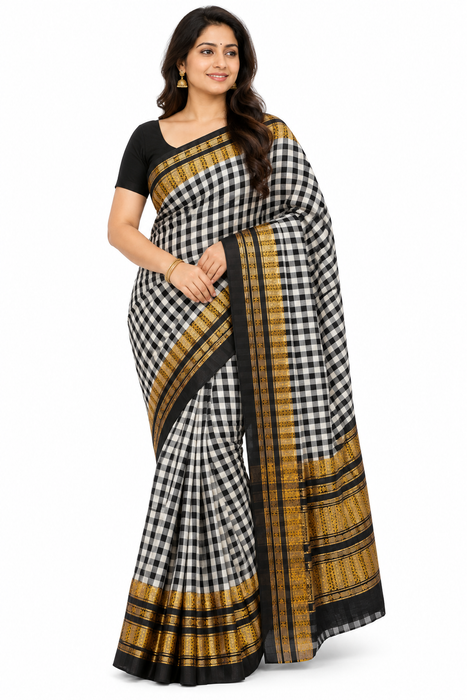 Timeless Ilkal Tradition, Woven with Zari Elegance - Black and White Checks with a Golden Zari
