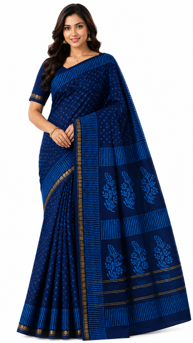 Rani Sungudi Saree Doubleside 1inch Border Self - Chakra Bandini-DarkBlue