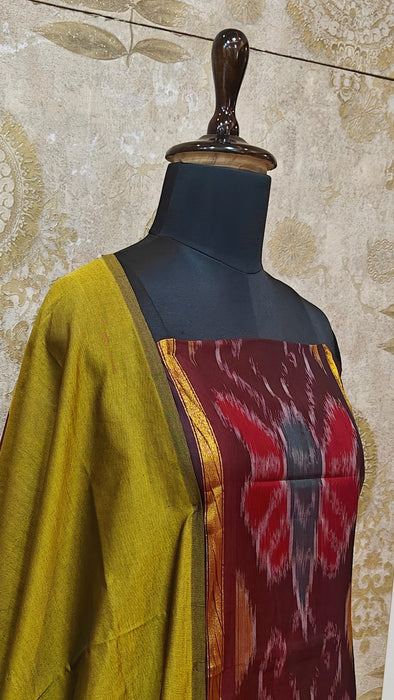 Ikkat Sico Silk Cotton Salwar Material - Maroon With OliveGreen