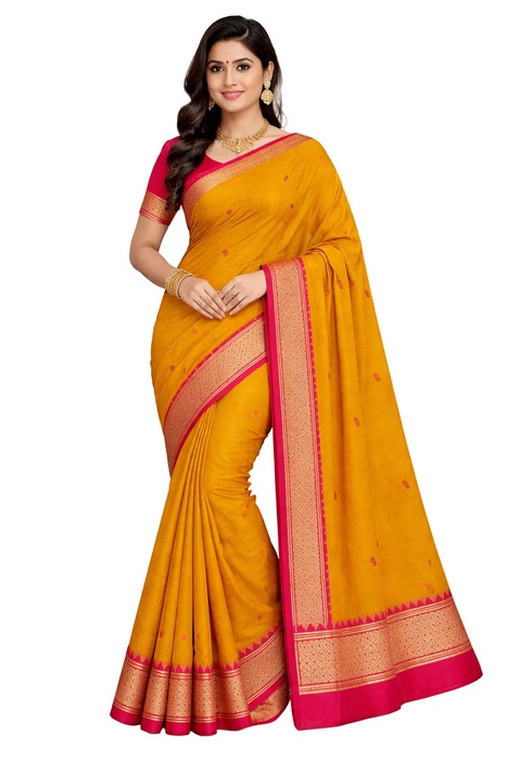 Handloom Chettinad Cotton Saree – Mustard with Pink