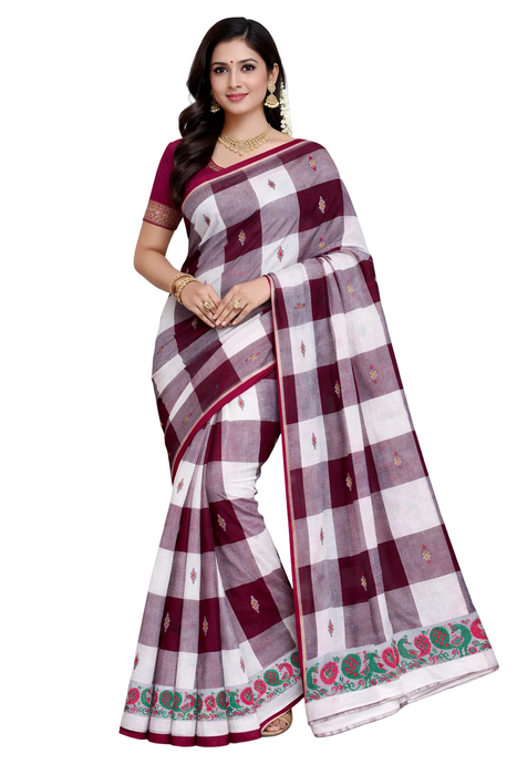 Handloom Chettinad Cotton Checked Saree – Maroon & AshGrey with Thread Border