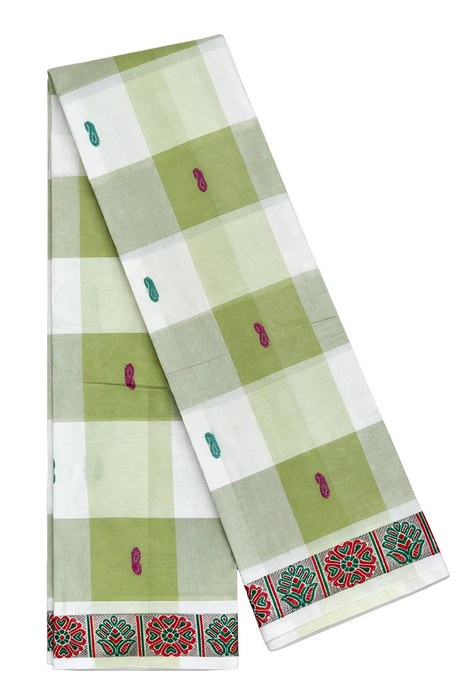 Chettinad Cotton Checked Saree – LightOlive-PastelGreen With Thread Border