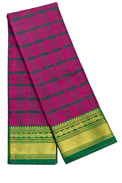 Chettinad Cotton Checked Saree – Pink With Green Zari Border