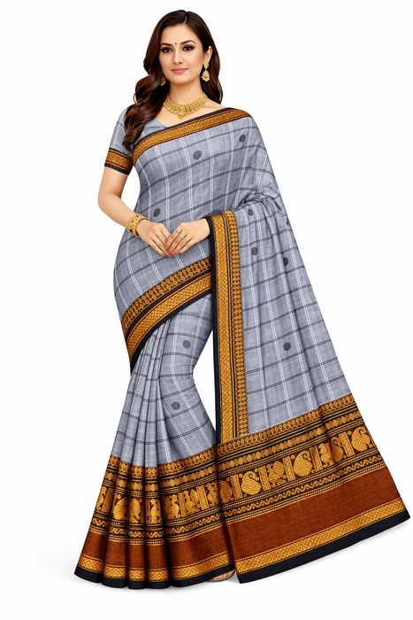 Chettinad Cotton Checked Saree – Grey With Mustard Zari Border