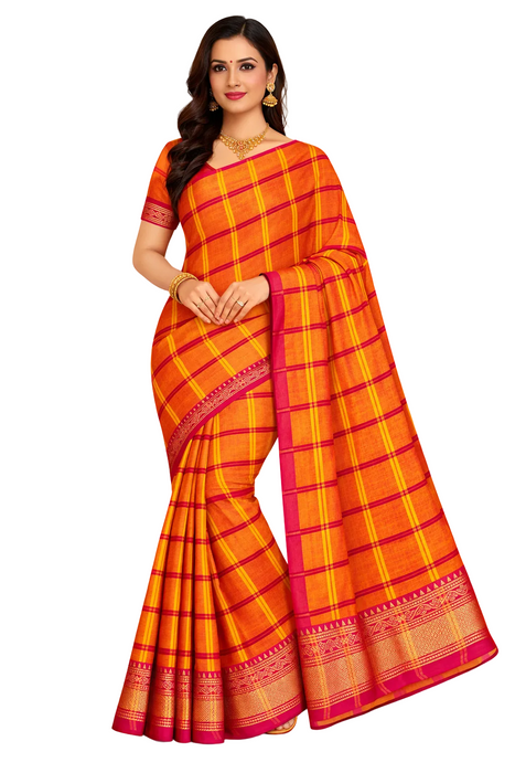 Chettinad Cotton Checked Saree – Orange With Pink Zari Border