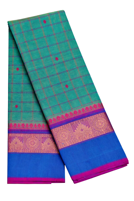 Chettinad Cotton Checked Saree – Green With InKBlue Zari Border