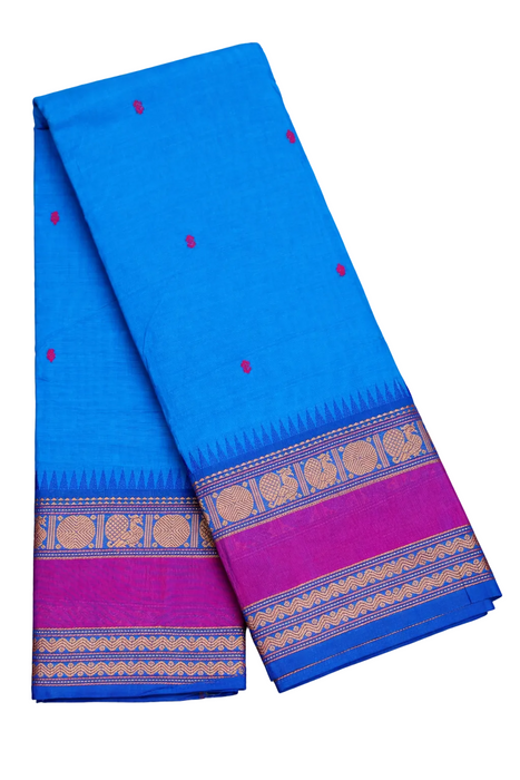 Rani Rich Cotton Saree – InkBlue With Magenta Thread Border
