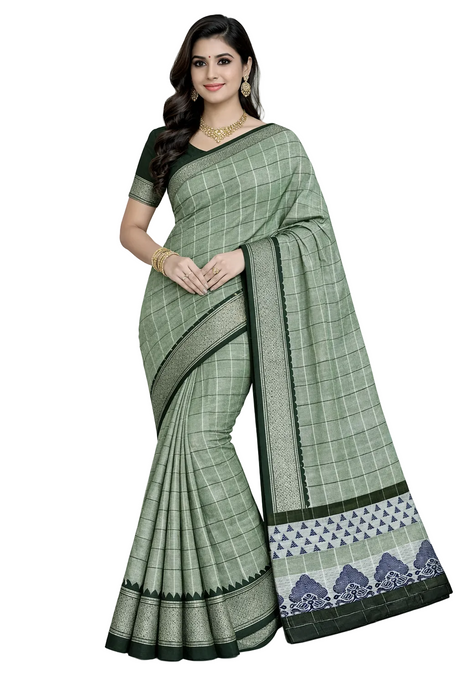 Chettinad Cotton Checked Saree – Pista Green Thread Border