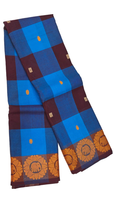 Chettinad Cotton Checked Saree – InkBlue With Brown Thread Border