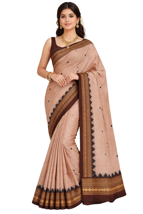 Chettinad Cotton Saree with Traditional Border - Sandal With Brown