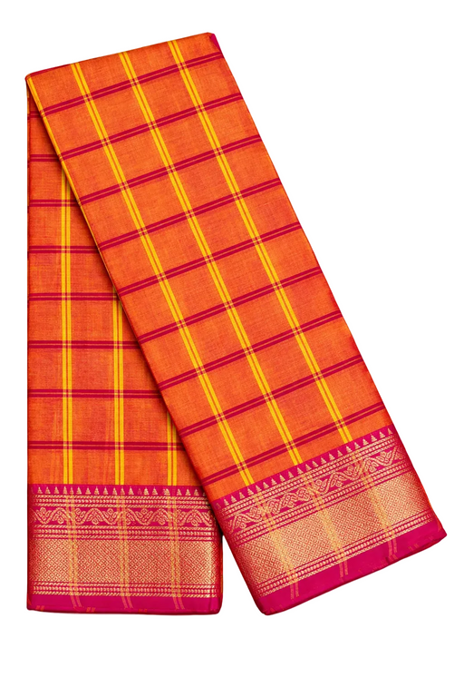 A "Pink Checked Design Chettinad Cotton Saree" with a detailed paisley border and striped pallu.
