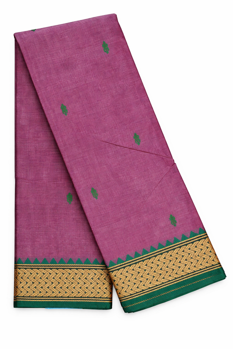 Chettinad Cotton Saree with Traditional Border - OnionPink With Green