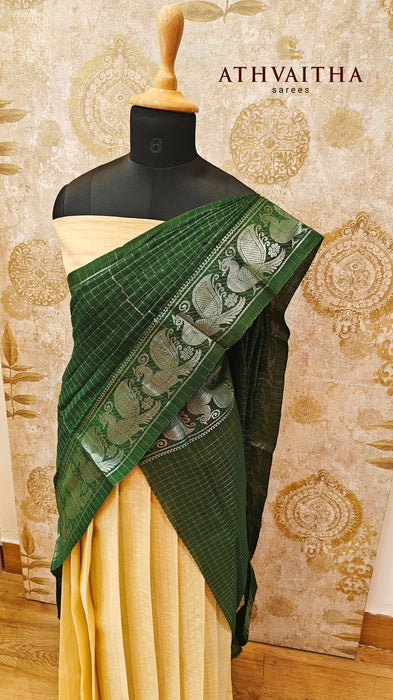 Rani Cotton Silver Half Saree Material-OffWhite-BottleGreen