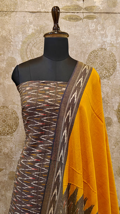 Ikkat Pochampally Pure Cotton Salwar Material - Brown With Yellow